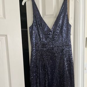 navy sequined V neck mini dress